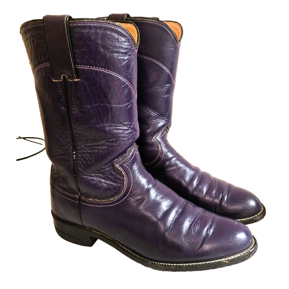 Vintage Justin L3081 Purple Leather Cowboy Western Roper Boots 7